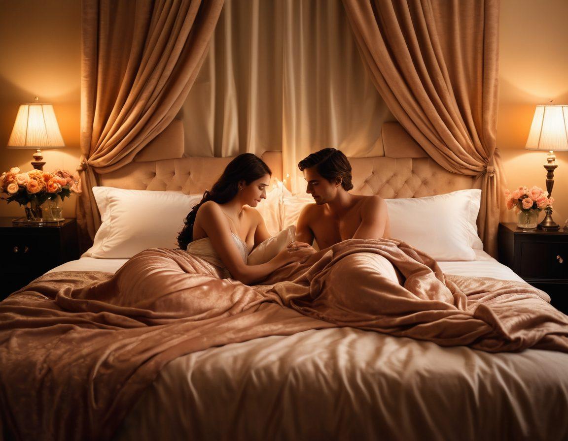 A cozy, softly lit bedroom scene featuring a couple communicating intimately, surrounded by velvet cushions and warm candlelight. Include elements of sensuality like silk sheets, and decorative flowers, conveying a sense of comfort and connection. The atmosphere should feel inviting and intimate, highlighting emotional closeness alongside physical attraction. soft-focus. warm tones. elegant style.