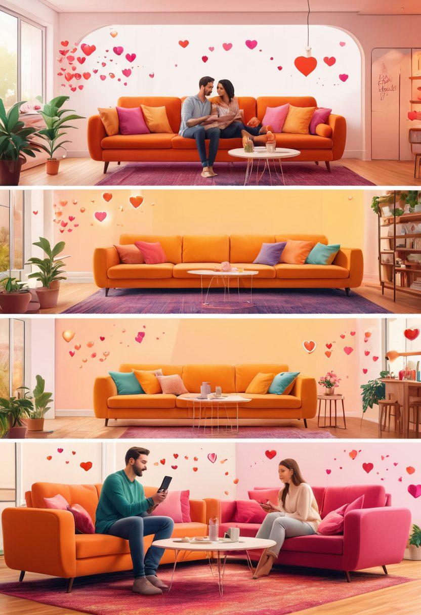A split-screen illustration showing two diverse individuals engaging with dating apps on their smartphones, surrounded by digital hearts and messages floating in the air. One side features a cozy living room setting with soft lighting, while the other highlights a vibrant café with warm colors and social interactions. The image captures the essence of modern romance with technology blending affection and desire. vector art. vibrant colors. white background.